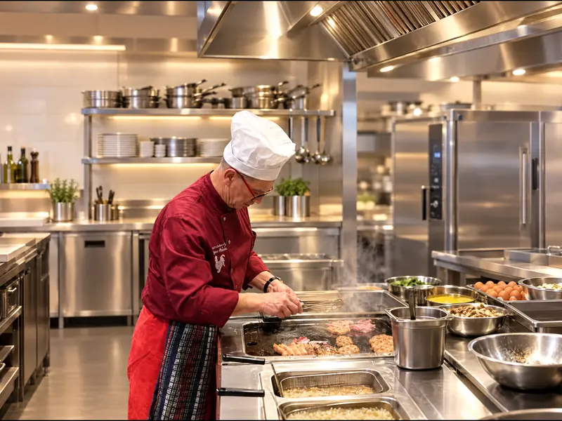 Chefkoch Ilija bei der Zubereitung von Fleisch am Grill in der Küche des Restaurant Bürgerhaus Zellhausen (Hintergrund KI-bearbeitet)